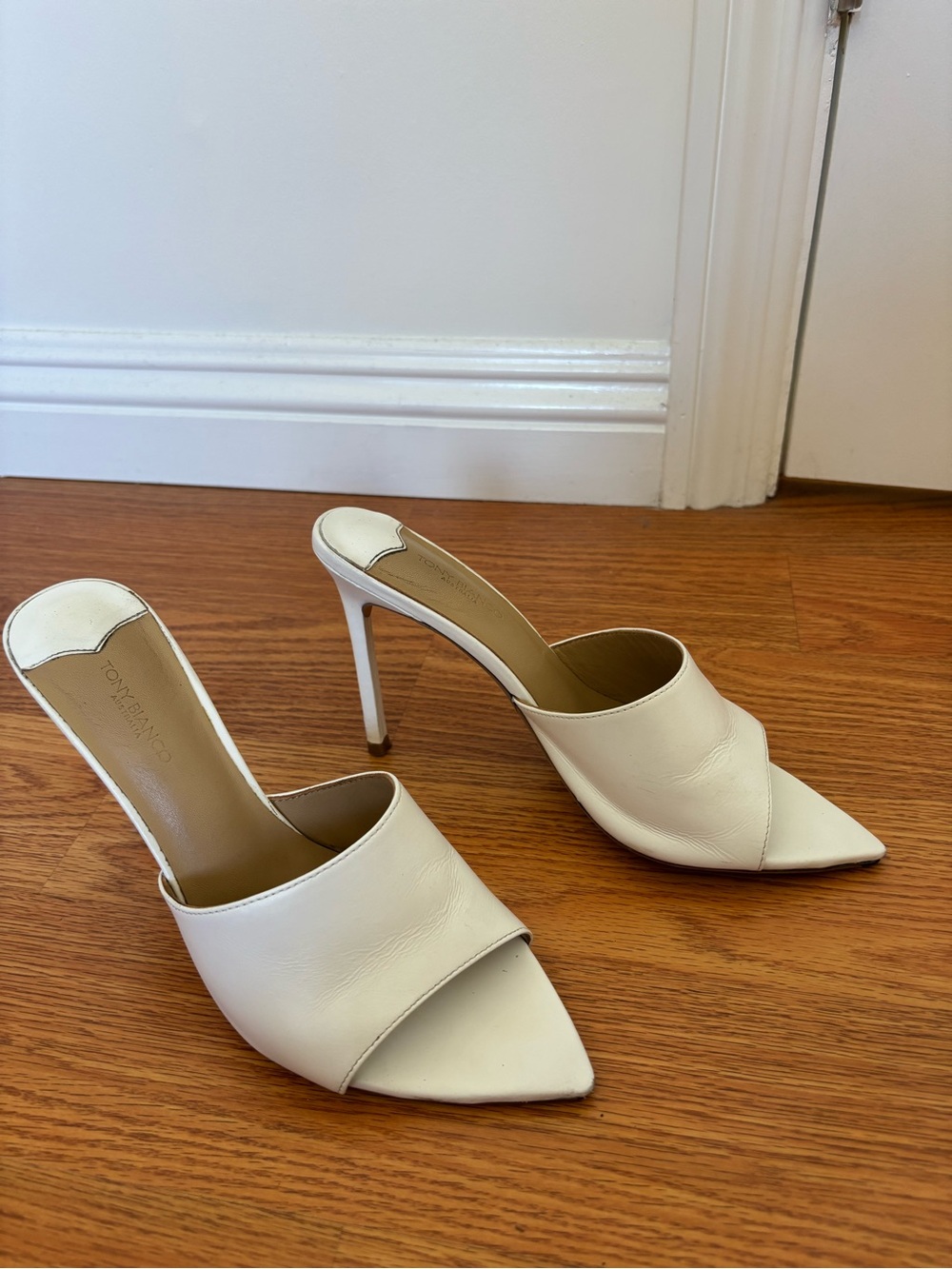 Tony Bianco White Pointed Stiletto Mule Heels